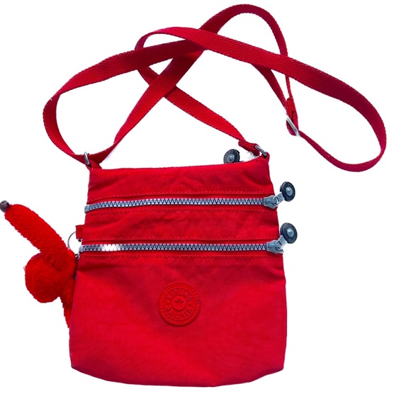KIPLING Alvar Crossbody Bag Red w Monkey Charm 3 Zippers Mini 7" x 8" x 1" Small - Picture 1 of 7